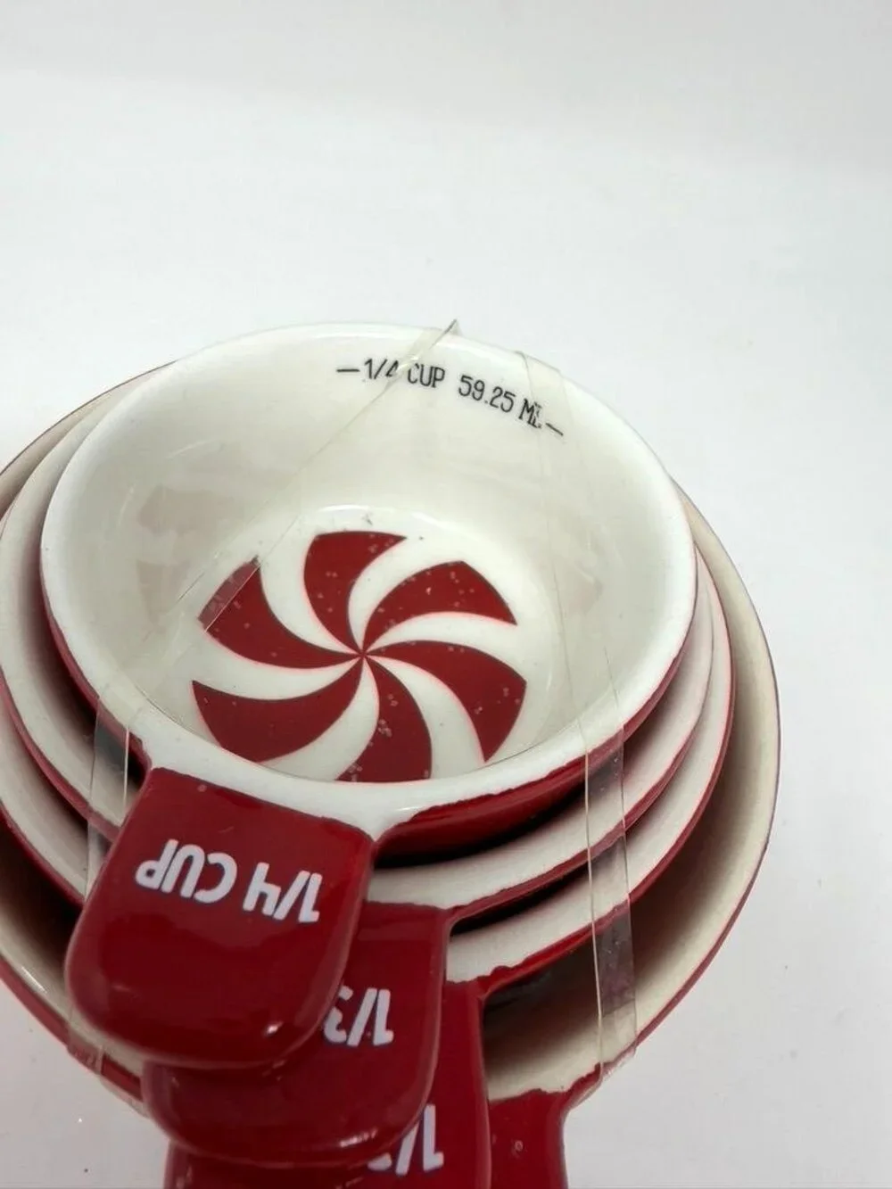 Target Red White Candy Cane Peppermint Swirl 4 Ceramic Measuring Cups Baking
